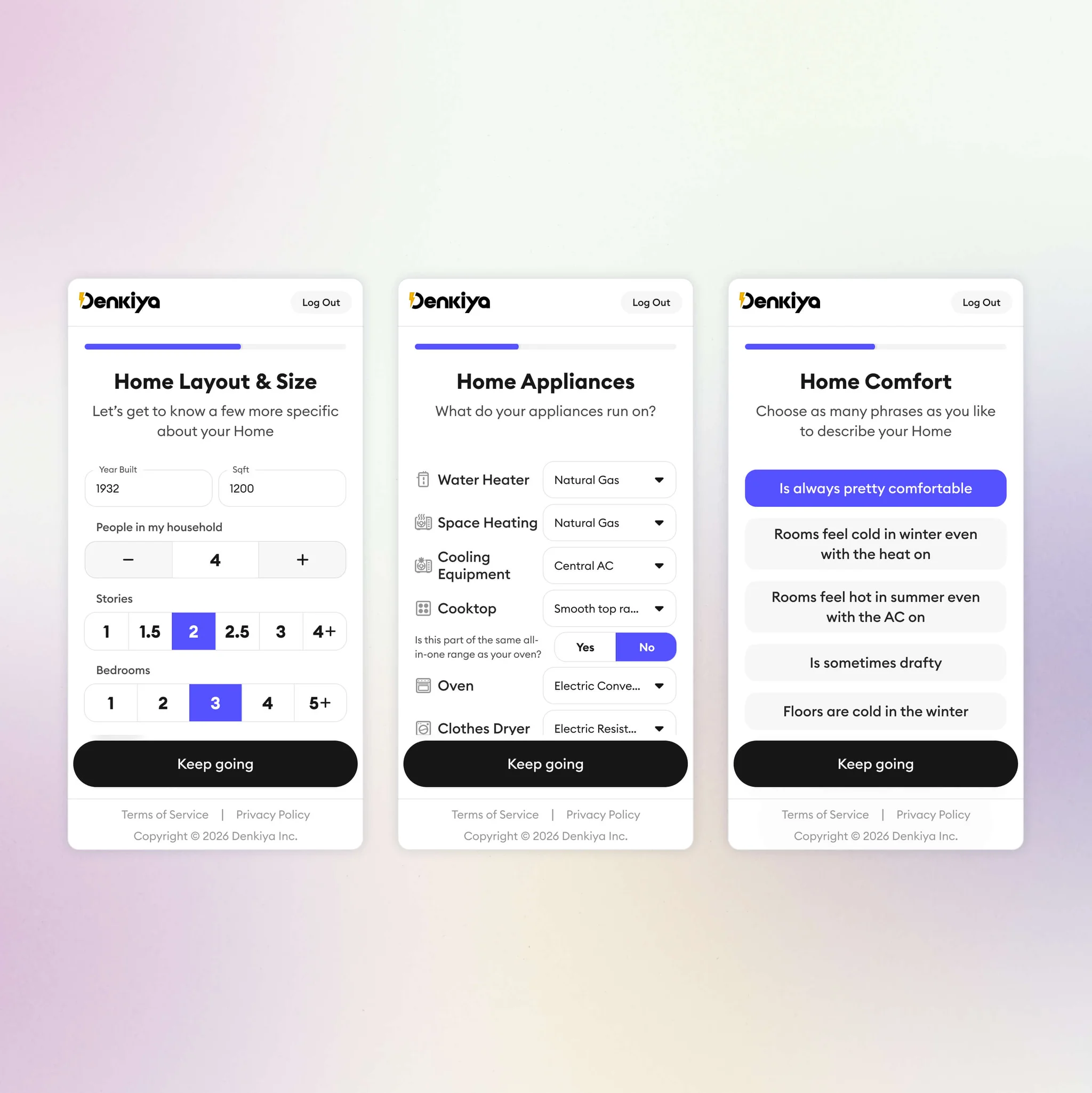 Three Denkiya onboarding screens on mobile: home layout and size, what each appliance runs on, and phrases describing home comfort