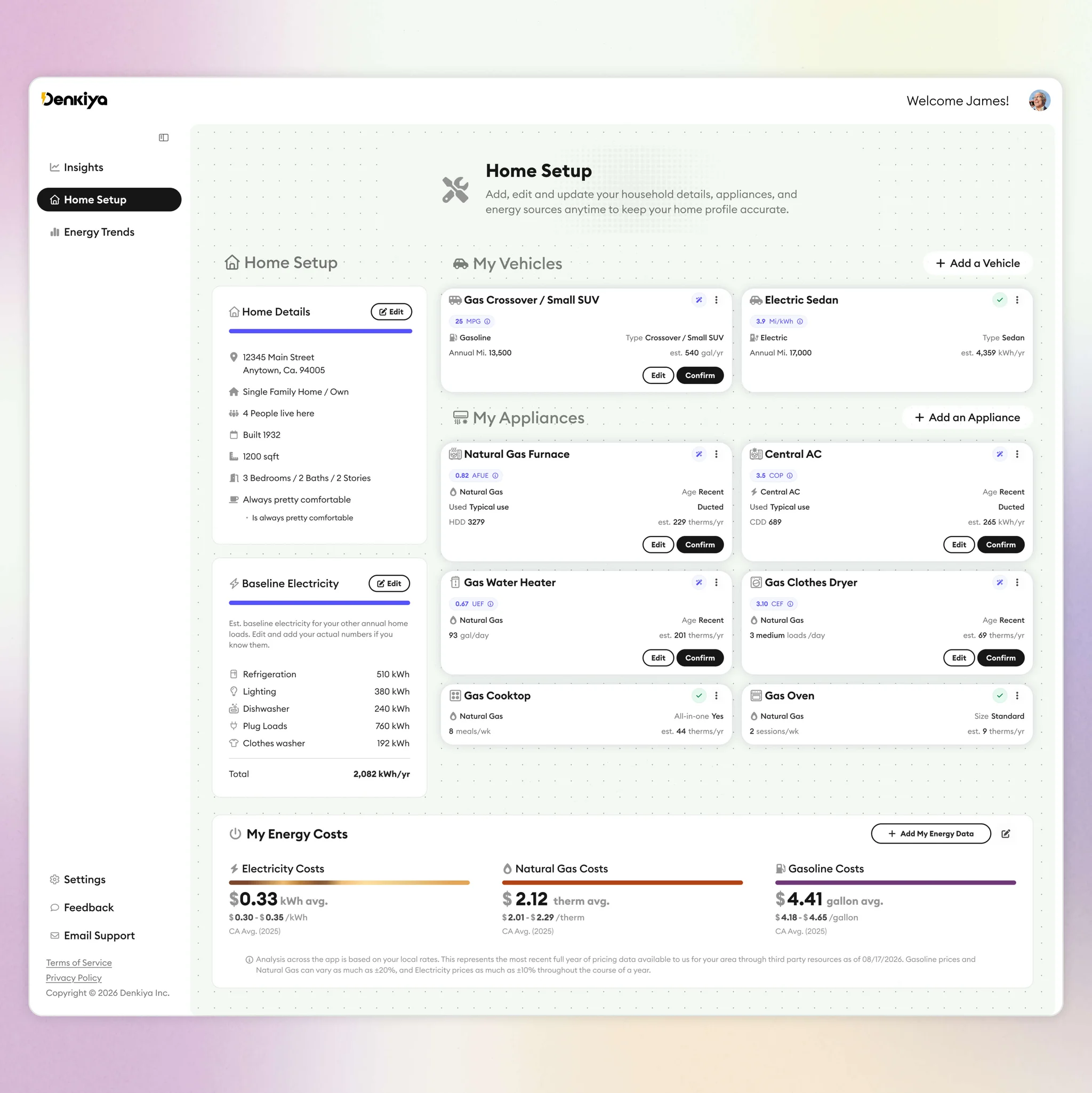 Denkiya Home Setup dashboard showing home details, baseline electricity, vehicles, appliances, and energy costs